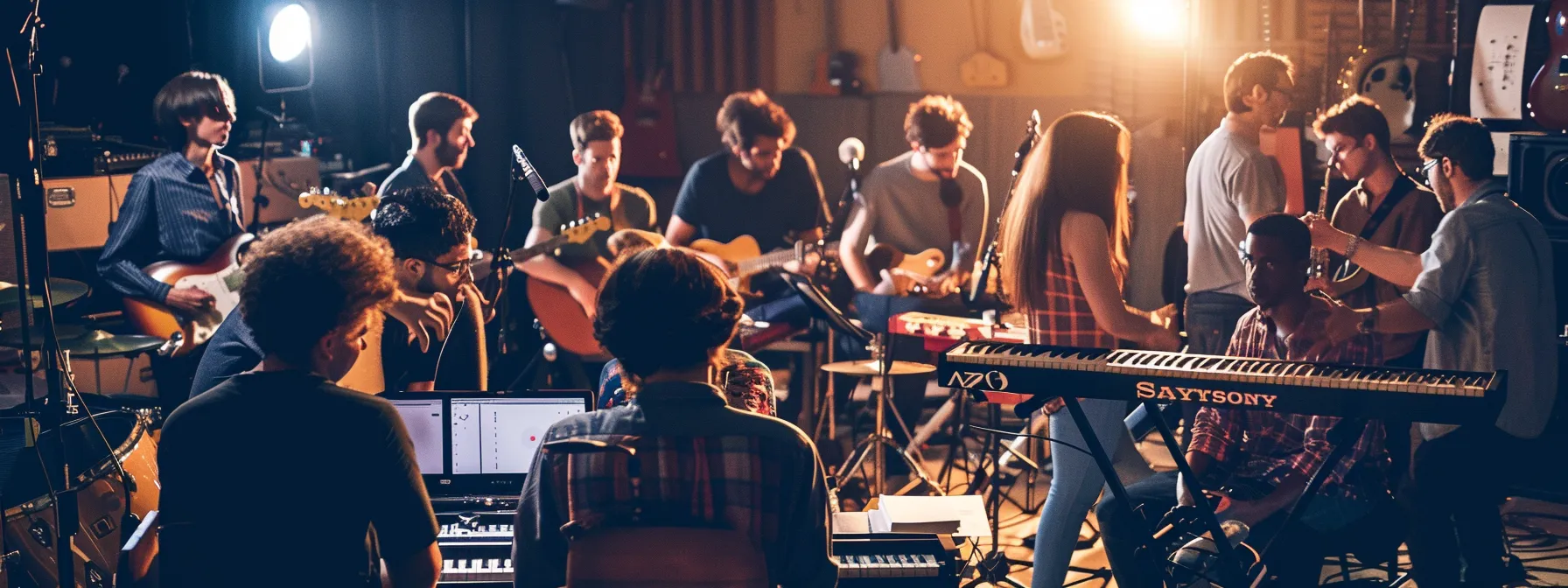 a vibrant scene captures a diverse group of aspiring music industry professionals engaged in a dynamic workshop, surrounded by instruments and digital technology, illuminated by warm, inviting lighting that emphasizes their enthusiastic expressions and collaborative spirit.