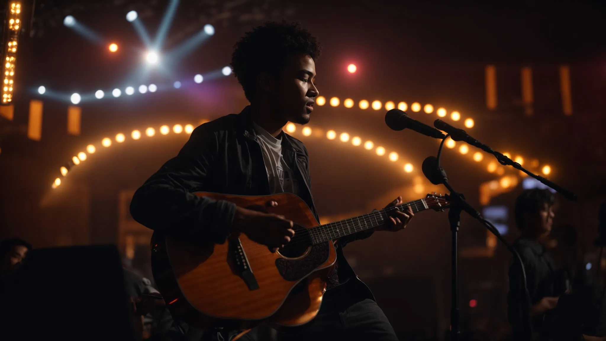 a passionate musician stands on a vibrant stage, illuminated by soft spotlights, surrounded by symbols of opportunity, embodying the determination and hope of underserved artists striving to secure music scholarships.