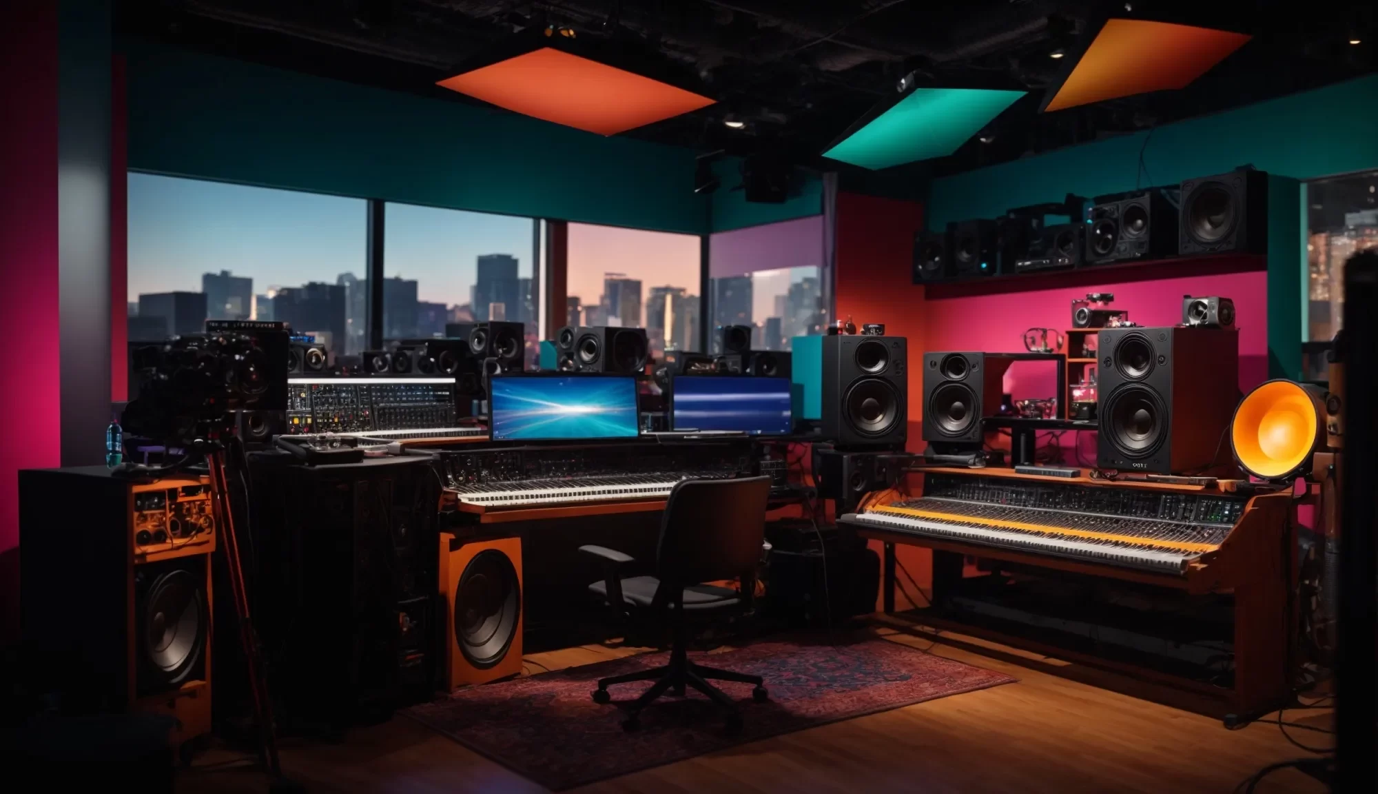 a vibrant and dynamic studio filled with colorful sound equipment, where inspired artists passionately collaborate on music production, symbolizing the transformation of creativity into sustainable careers.