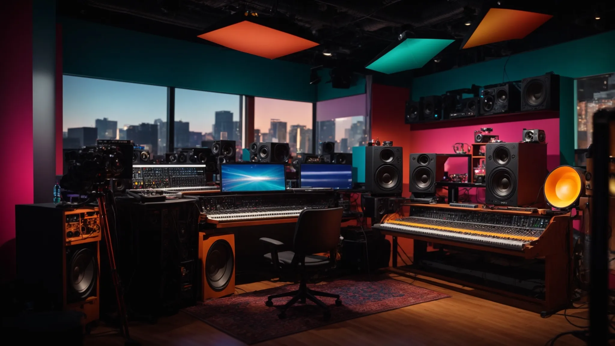 a vibrant and dynamic studio filled with colorful sound equipment, where inspired artists passionately collaborate on music production, symbolizing the transformation of creativity into sustainable careers.