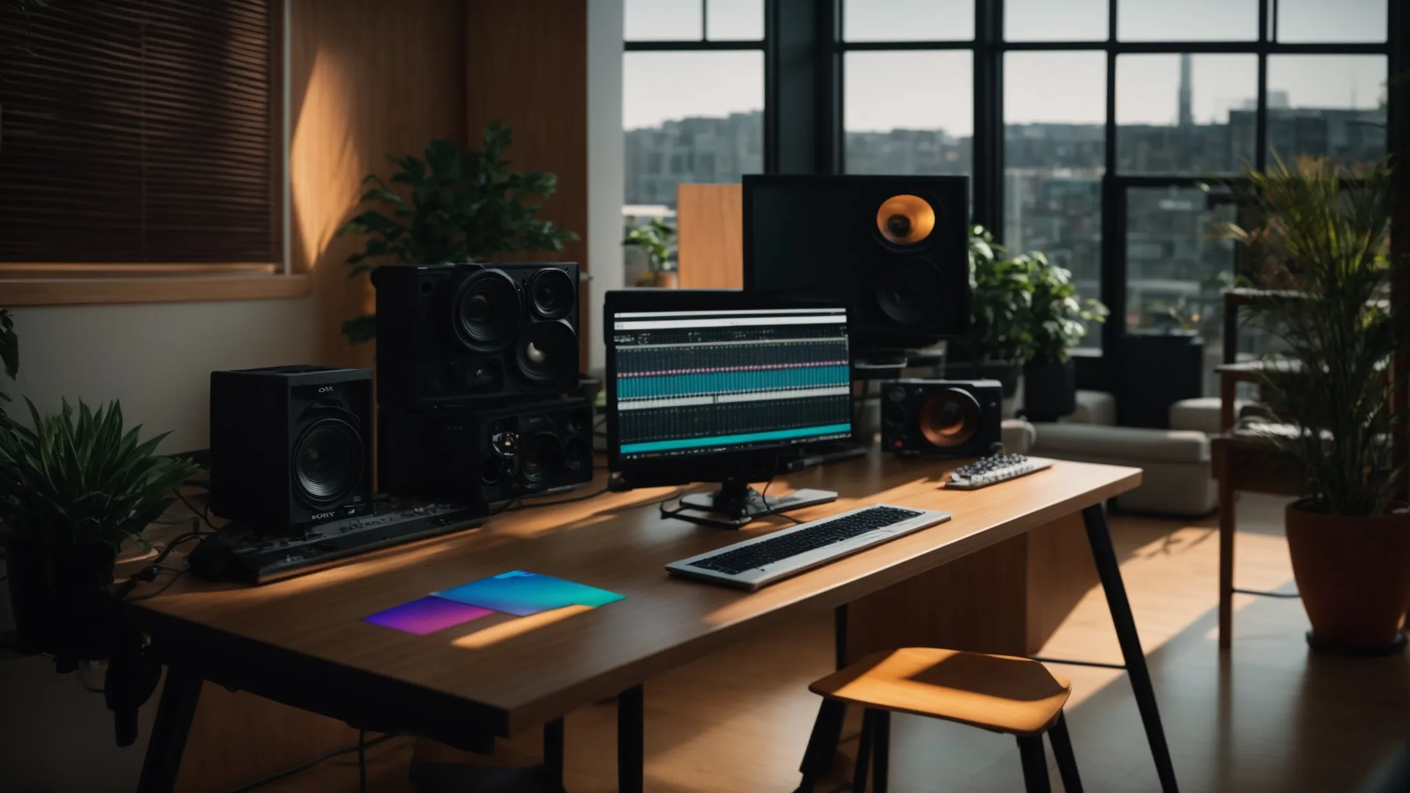 a vibrant and inspiring digital workspace filled with music production equipment, showcasing a blend of online learning videos, dynamic playlists, and collaborative projects, all bathed in warm, inviting light.