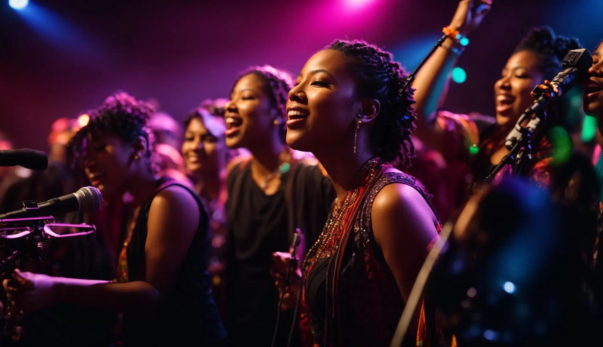 a vibrant concert scene captures a diverse group of passionate musicians performing energetically on stage, illuminated by colorful lights that symbolize empowerment and the transformative power of music scholarships.