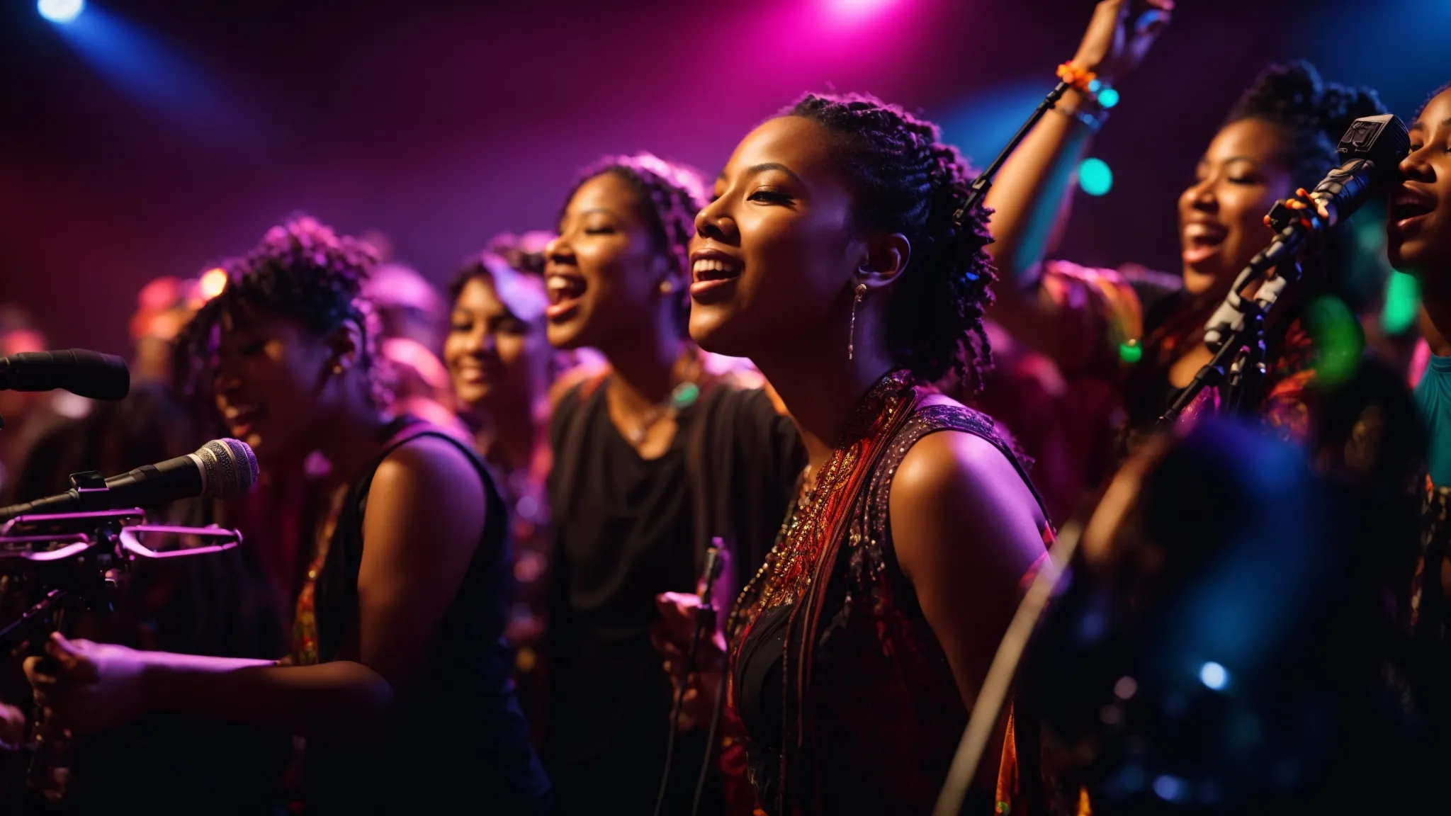 a vibrant concert scene captures a diverse group of passionate musicians performing energetically on stage, illuminated by colorful lights that symbolize empowerment and the transformative power of music scholarships.