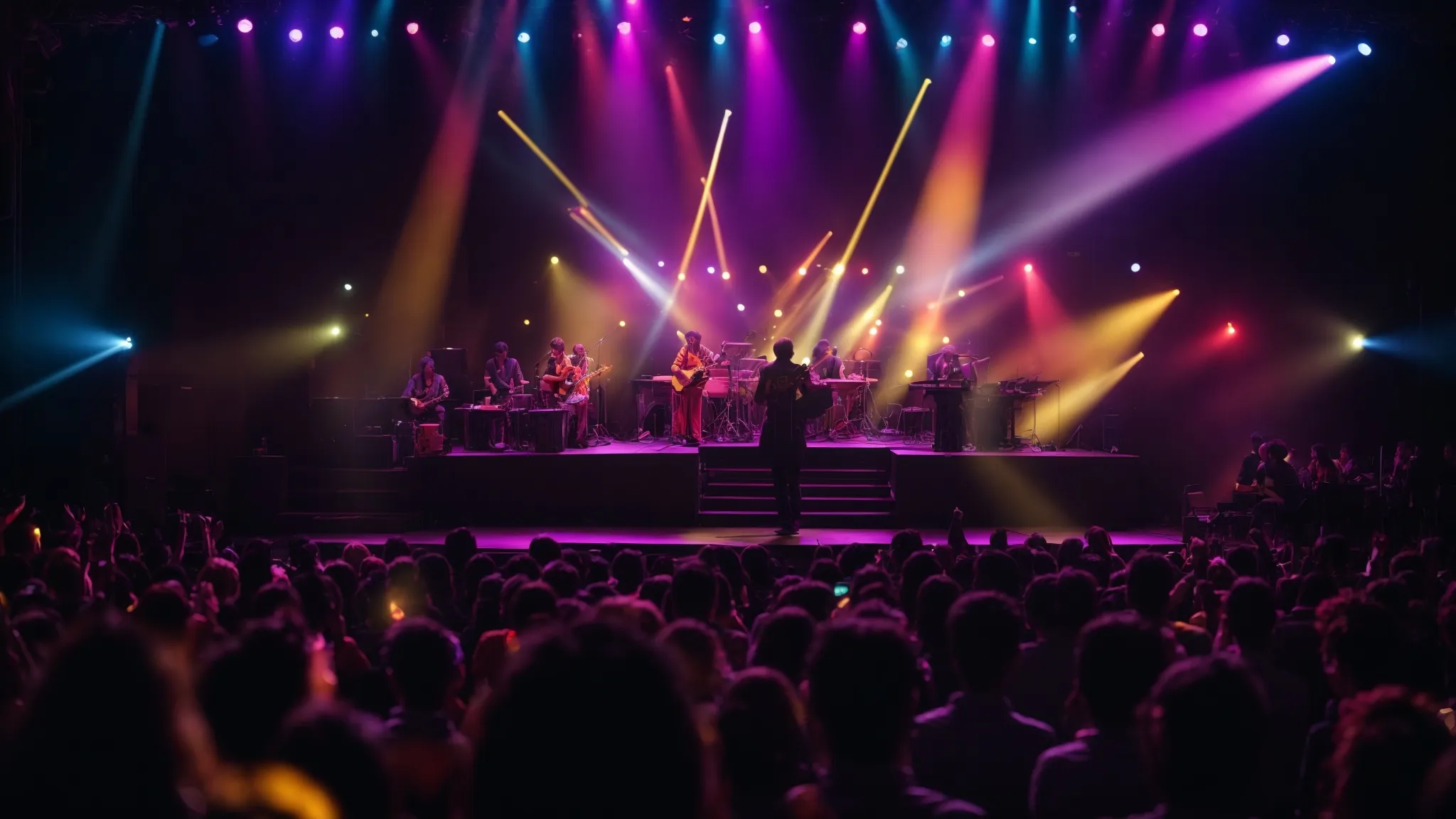 a vibrant concert scene showcases a diverse group of underserved artists passionately performing on stage, illuminated by colorful lights that symbolize the bright future of music scholarships and community support.