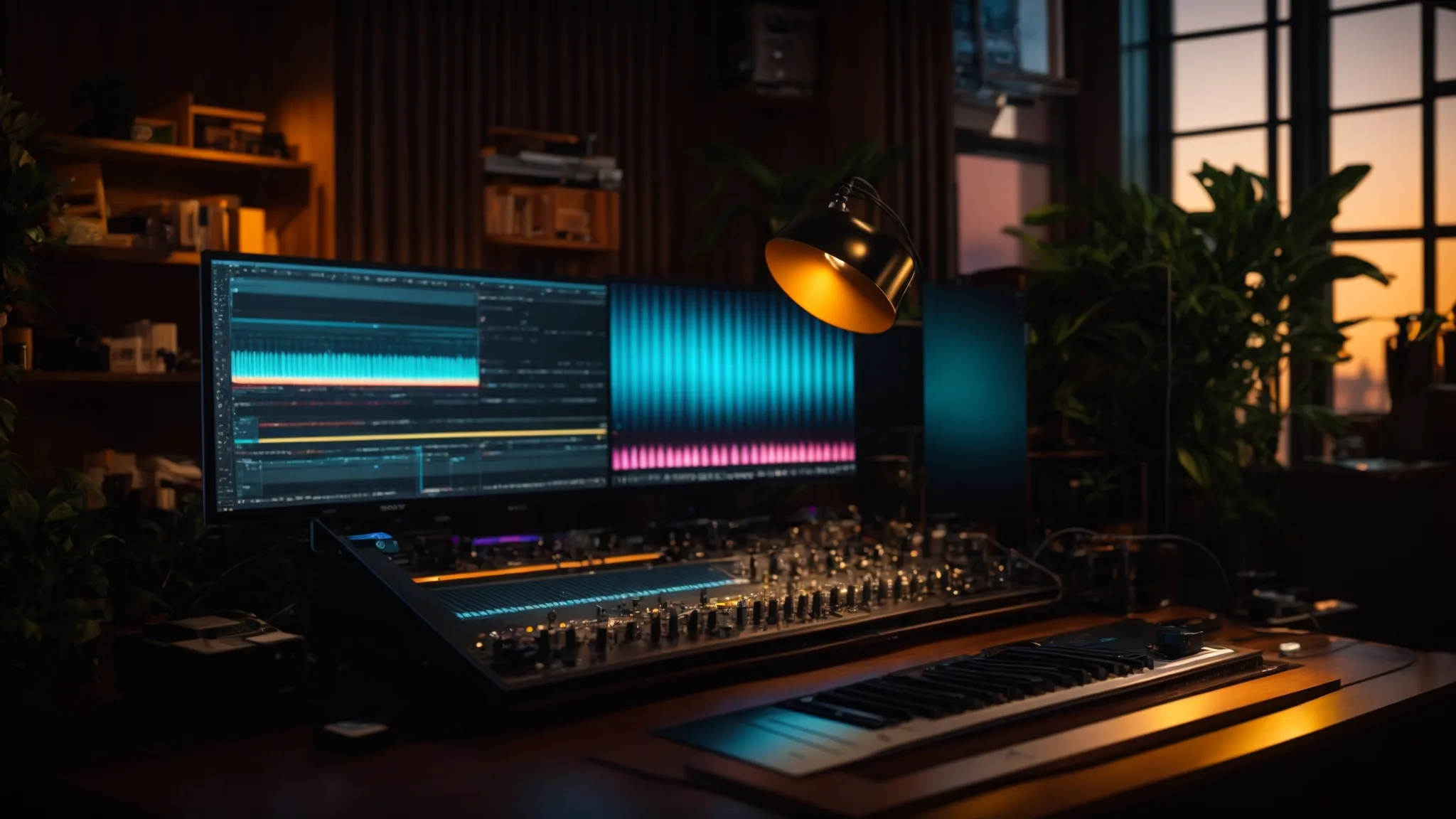 a vibrant digital workspace brimming with artistic tools and technology, illuminated by soft studio lighting, showcasing a diverse array of online platforms and resources for independent musicians.