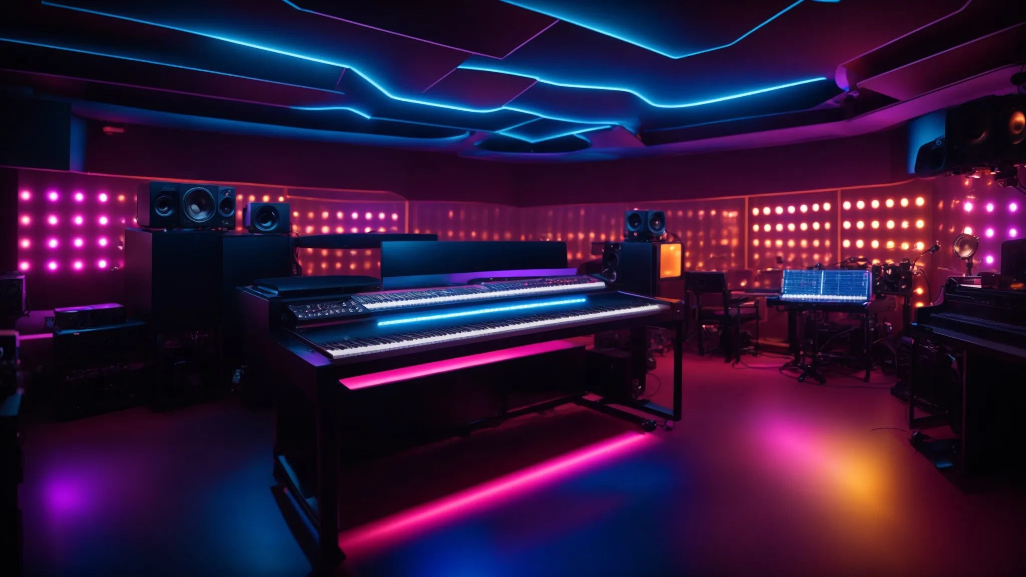 a vibrant, futuristic music studio filled with advanced technology and sleek keyboard instruments, illuminated by dynamic led lights, reflecting the transformative power of ai in music creation for independent artists.