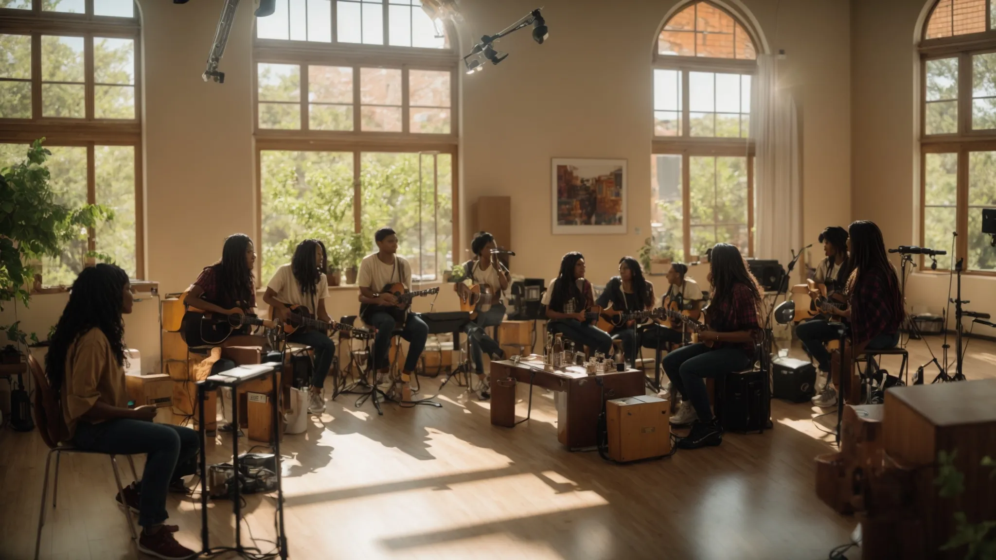 a vibrant gathering of diverse emerging artists engaged in a lively workshop, sharing ideas and creativity with seasoned mentors in a sunlit community space, capturing the essence of connection and collaboration in building sustainable music careers.