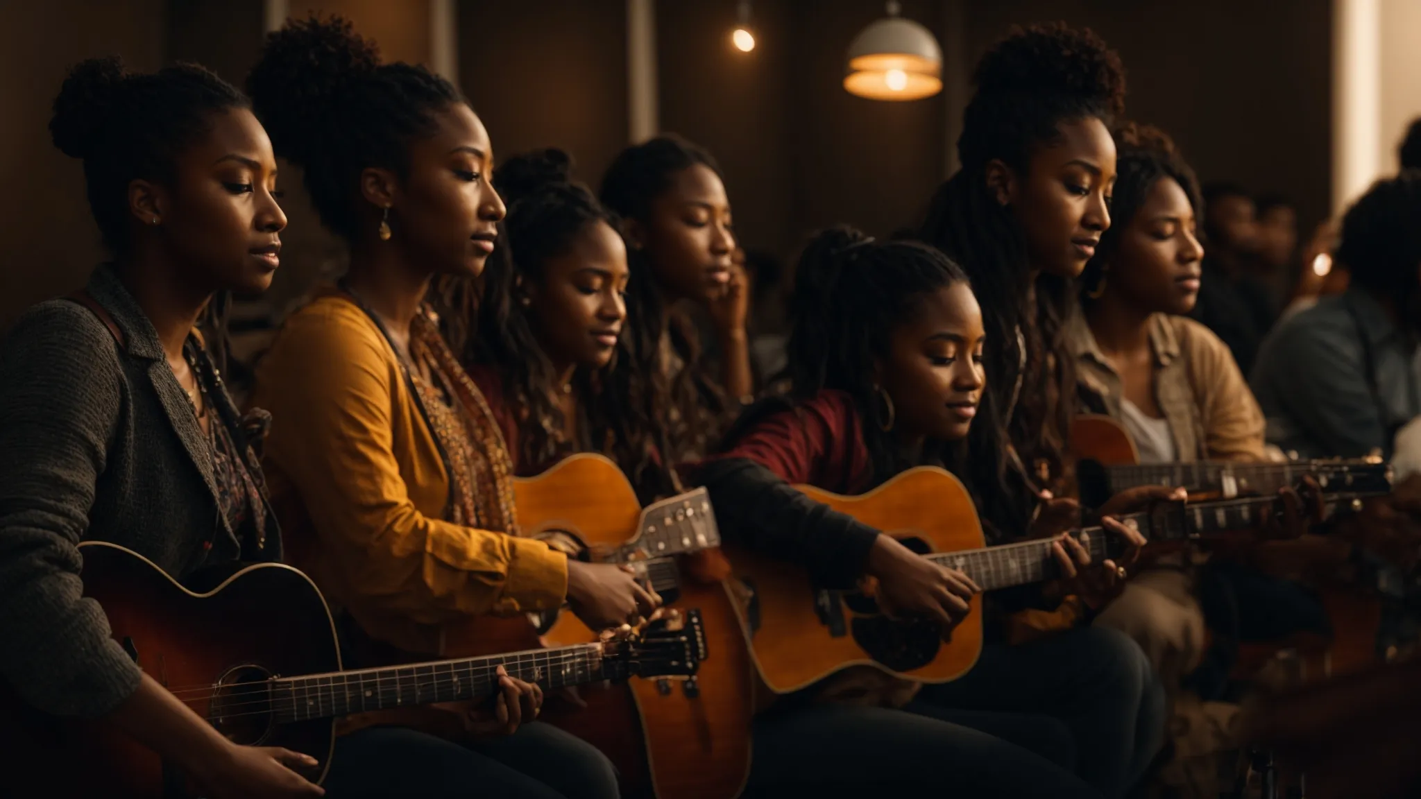 a vibrant gathering of diverse musicians passionately engaging in a mentorship workshop, illuminated by warm, welcoming light, symbolizing support and collaboration in their creative journeys.