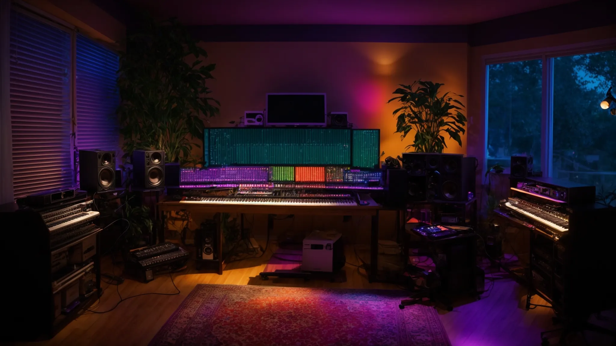 a vibrant home studio filled with innovative music creation tools, featuring a sleek digital audio workstation and colorful virtual instruments, illuminated by warm, ambient lighting that reflects the creativity of independent artists.