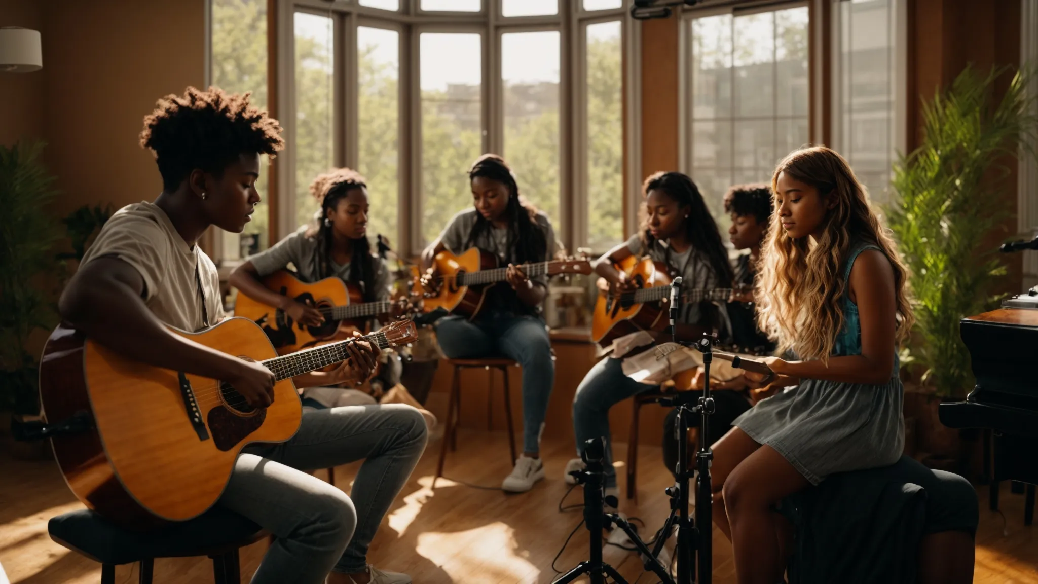 a vibrant, inspiring scene capturing a diverse group of young musicians engaged in a collaborative songwriting session, surrounded by musical instruments and notes, illuminated by warm sunlight streaming through large windows, symbolizing the empowerment and support of scholarship programs in building sustainable careers in music.