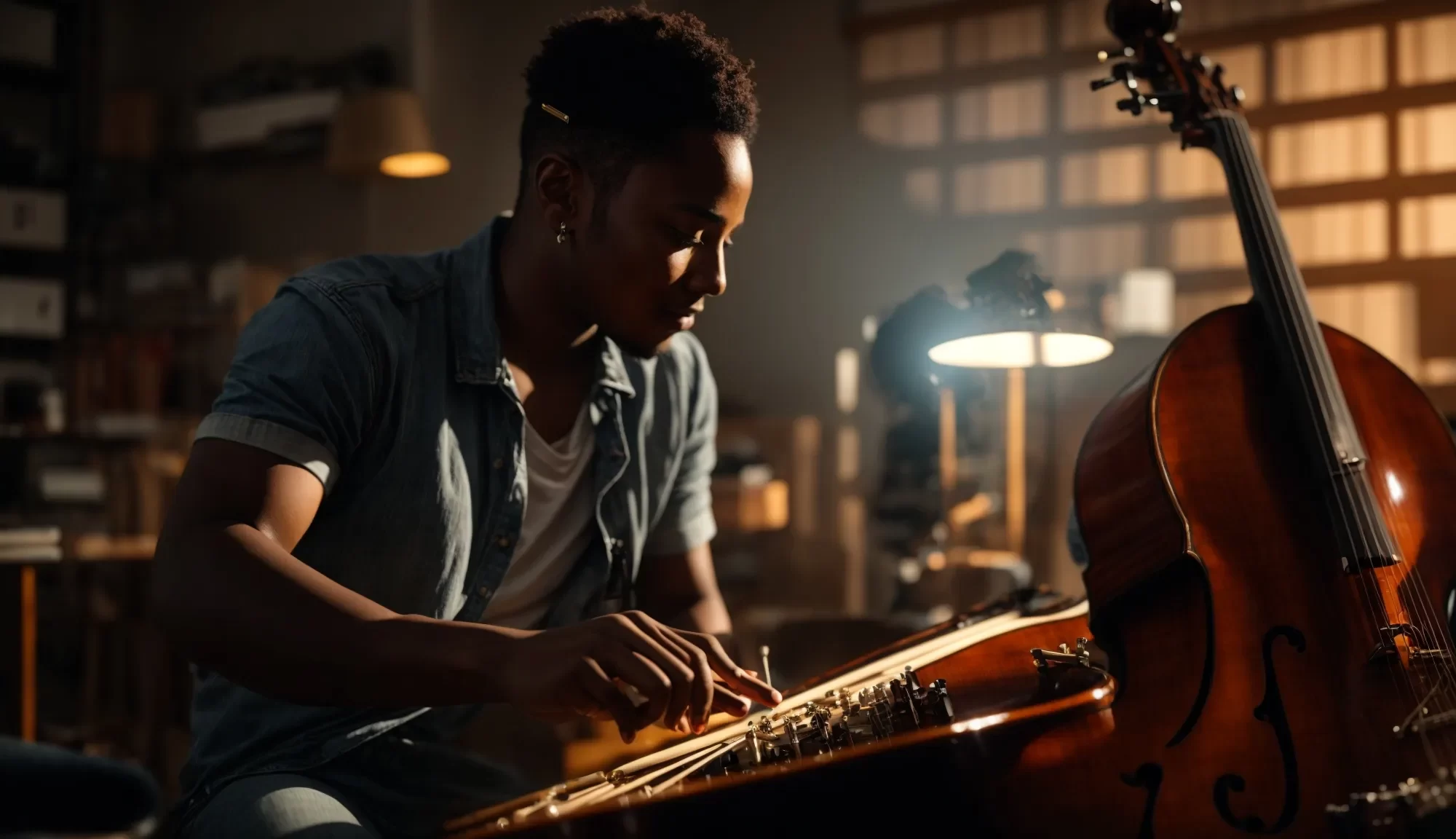 a vibrant mentor and an aspiring artist share an inspiring moment in a sunlit studio, surrounded by musical instruments and notes that capture the essence of creativity and hope for sustainable careers in music.