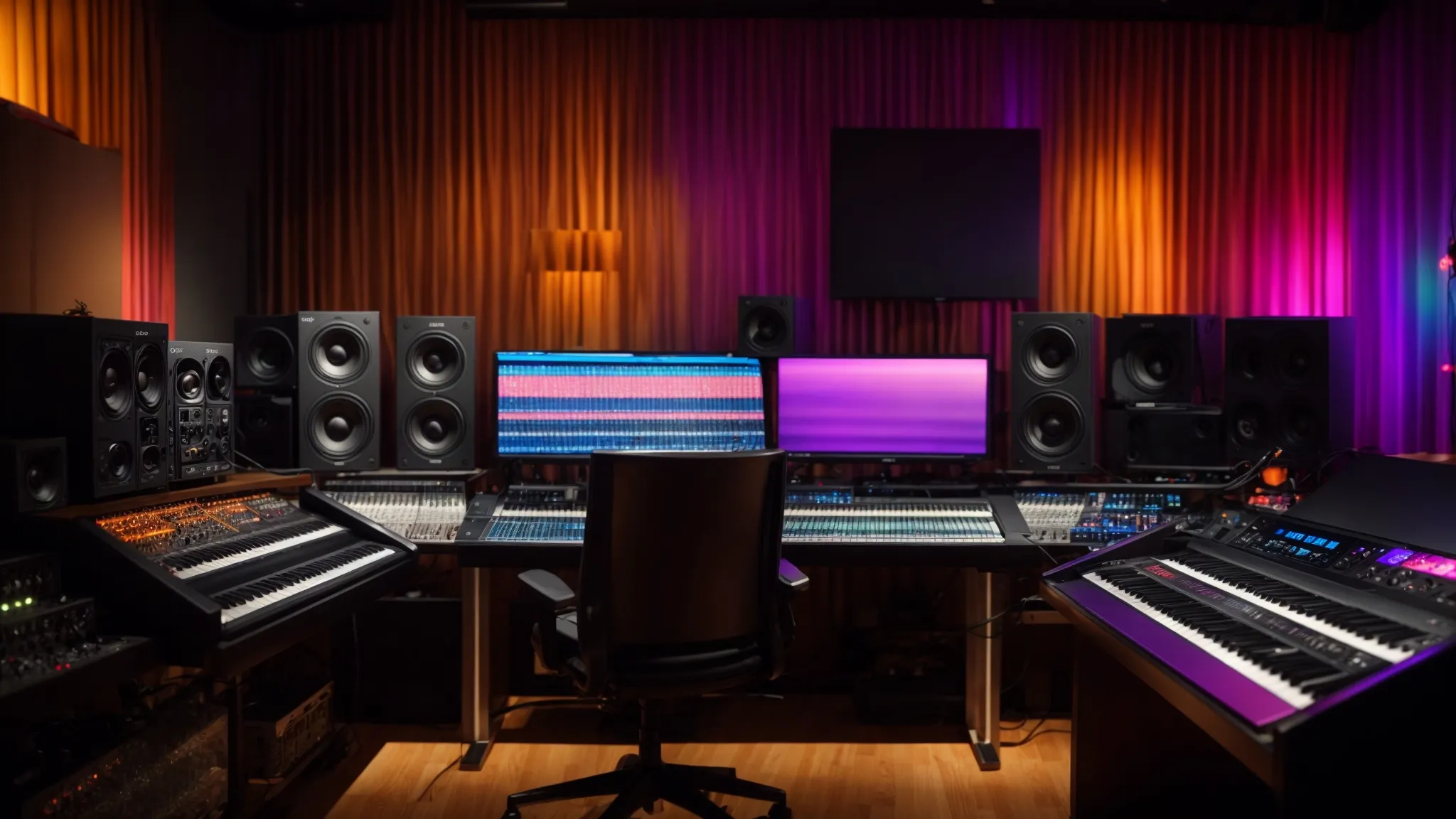 a vibrant, modern recording studio filled with musical equipment, showcasing an independent artist passionately creating music, illuminated by soft, ambient lighting that highlights the colorful soundwave patterns on a computer screen.