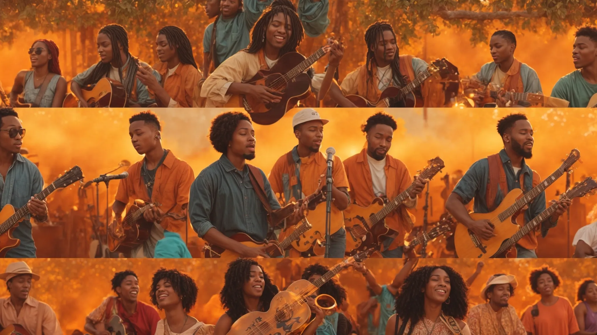 a vibrant mural of diverse musicians passionately performing together, symbolizing advocacy and equity in the music industry, illuminated by warm, golden hour sunlight.