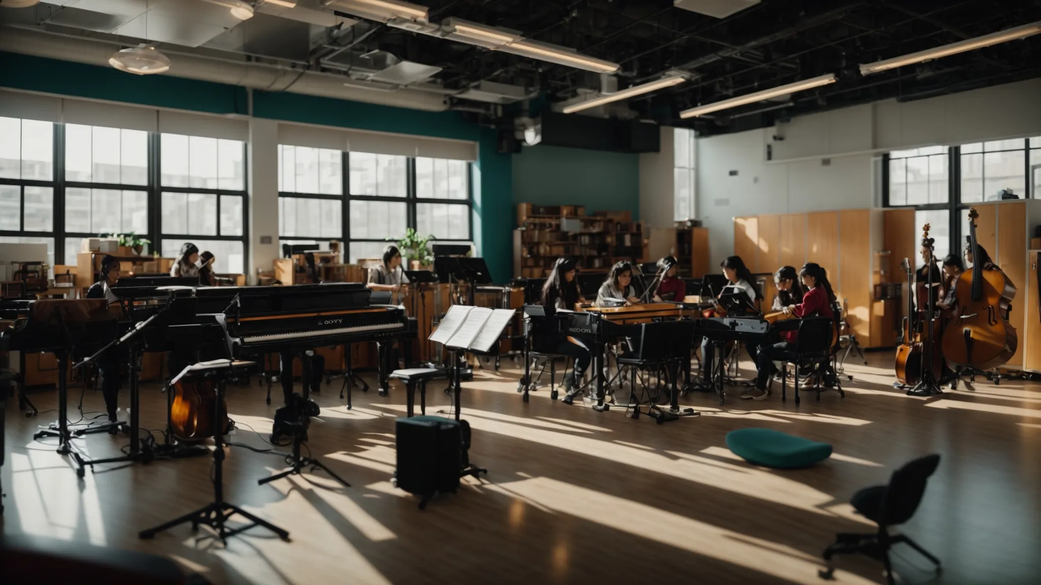 a vibrant music classroom filled with diverse students passionately engaged in learning, surrounded by instruments and high-tech equipment symbolizing the fusion of education and innovation in building sustainable careers in the music industry.