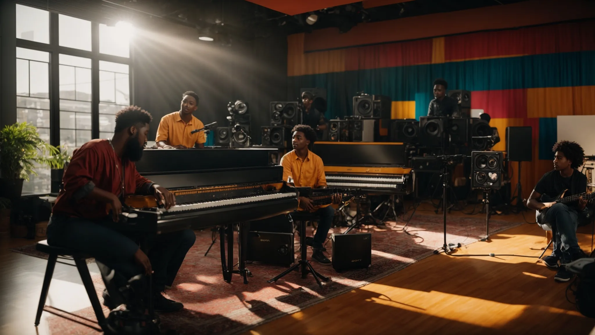 a vibrant music mentorship session unfolds in a sunlit studio, showcasing a diverse group of aspiring artists engaged in dynamic discussions with experienced mentors, surrounded by instruments and colorful sound equipment, symbolizing support and creativity.