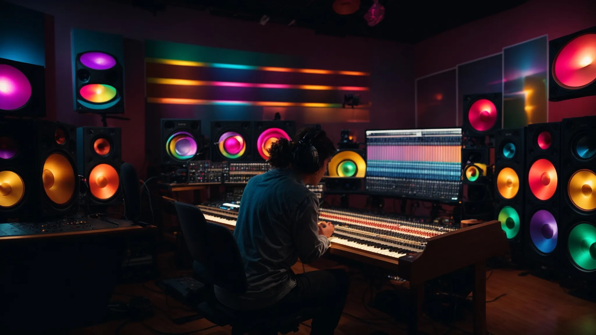 a vibrant music studio filled with colorful sound equipment and an artist passionately engaged in the process of music production, showcasing empowerment through education.