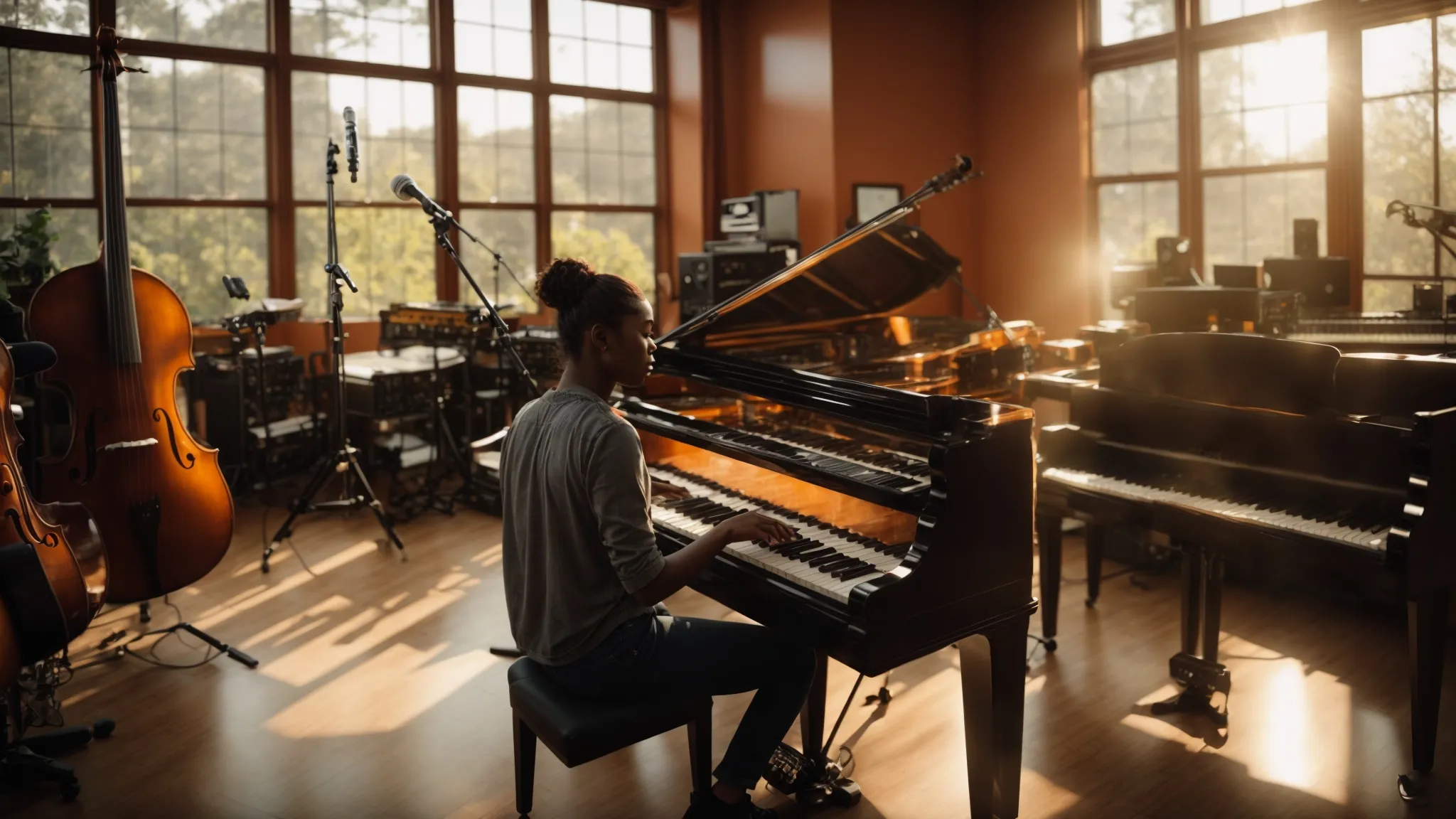 a vibrant music studio filled with emerging artists passionately playing various instruments, illuminated by warm, natural light streaming through large windows, symbolizing hope and opportunity in their pursuit of music scholarships.