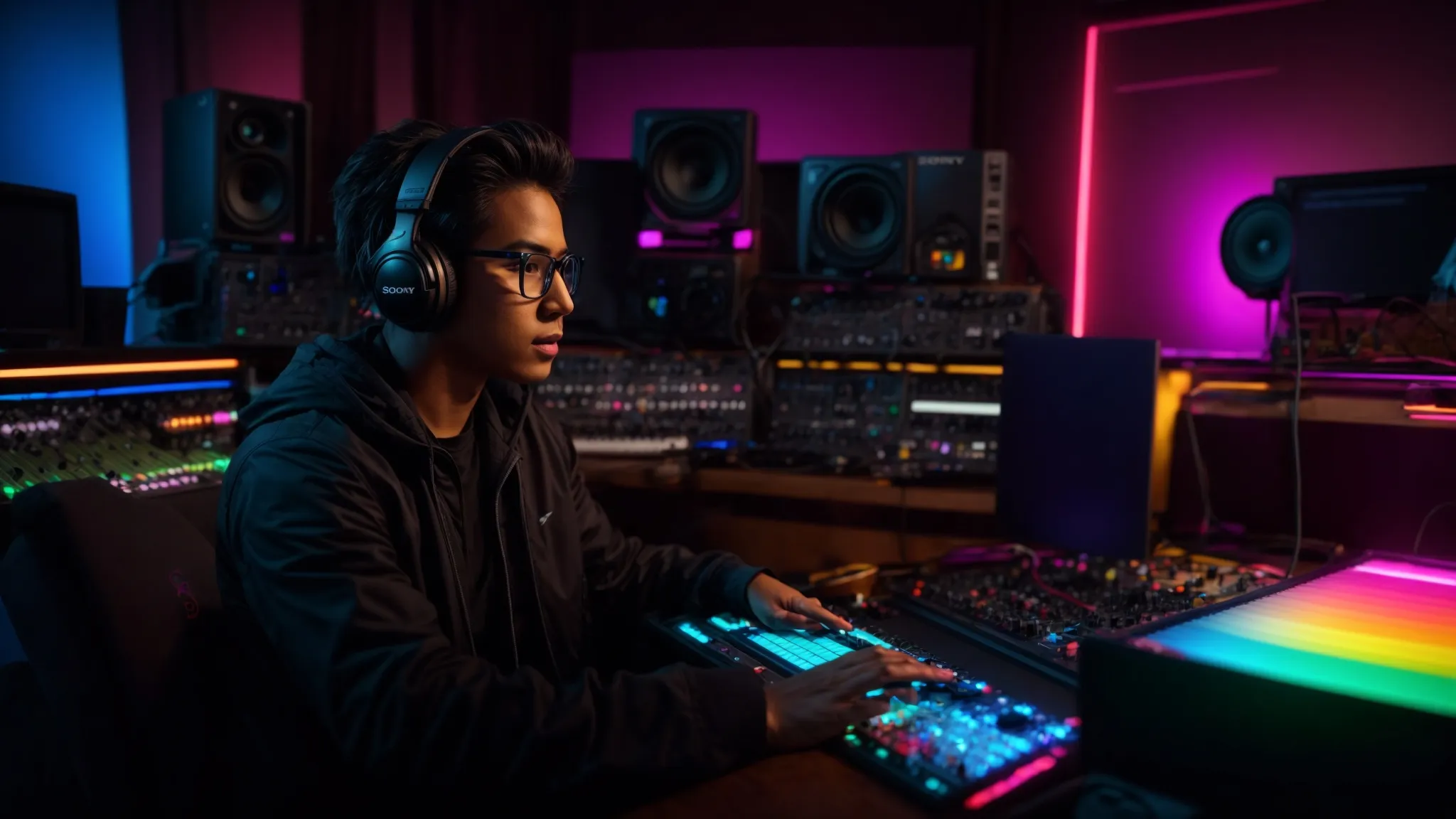 a vibrant music studio, filled with the glow of colorful led lights, showcases an empowered artist passionately engaged in music production on a sleek laptop, surrounded by professional gear and inspiring visual art that represents creativity and success.