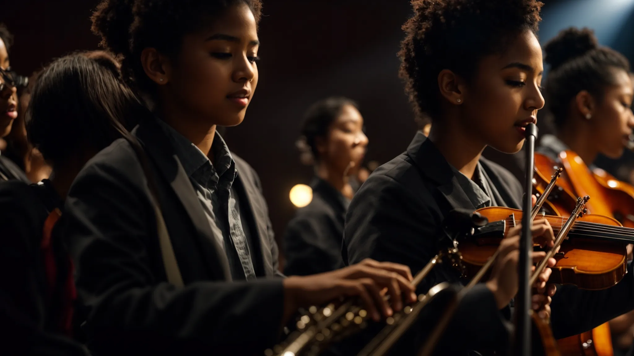 a vibrant musical ensemble of diverse young musicians passionately playing instruments on a stage, illuminated by warm spotlighting that signifies opportunity and unity in education through music scholarships.