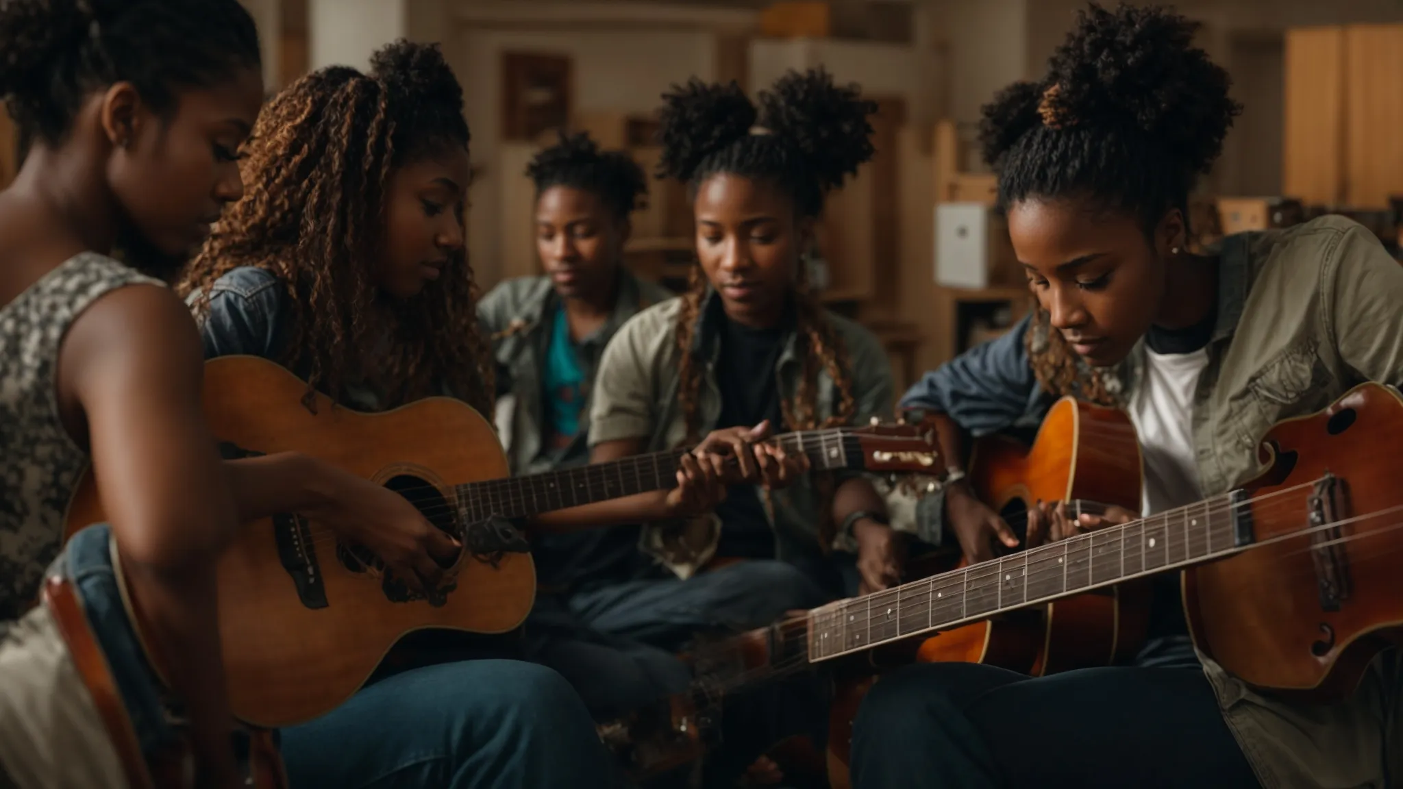 a vibrant scene captures a diverse group of aspiring musicians passionately collaborating in a sunlit community studio, surrounded by instruments and creative artwork, symbolizing the transformative power of music scholarships in nurturing underserved talent.