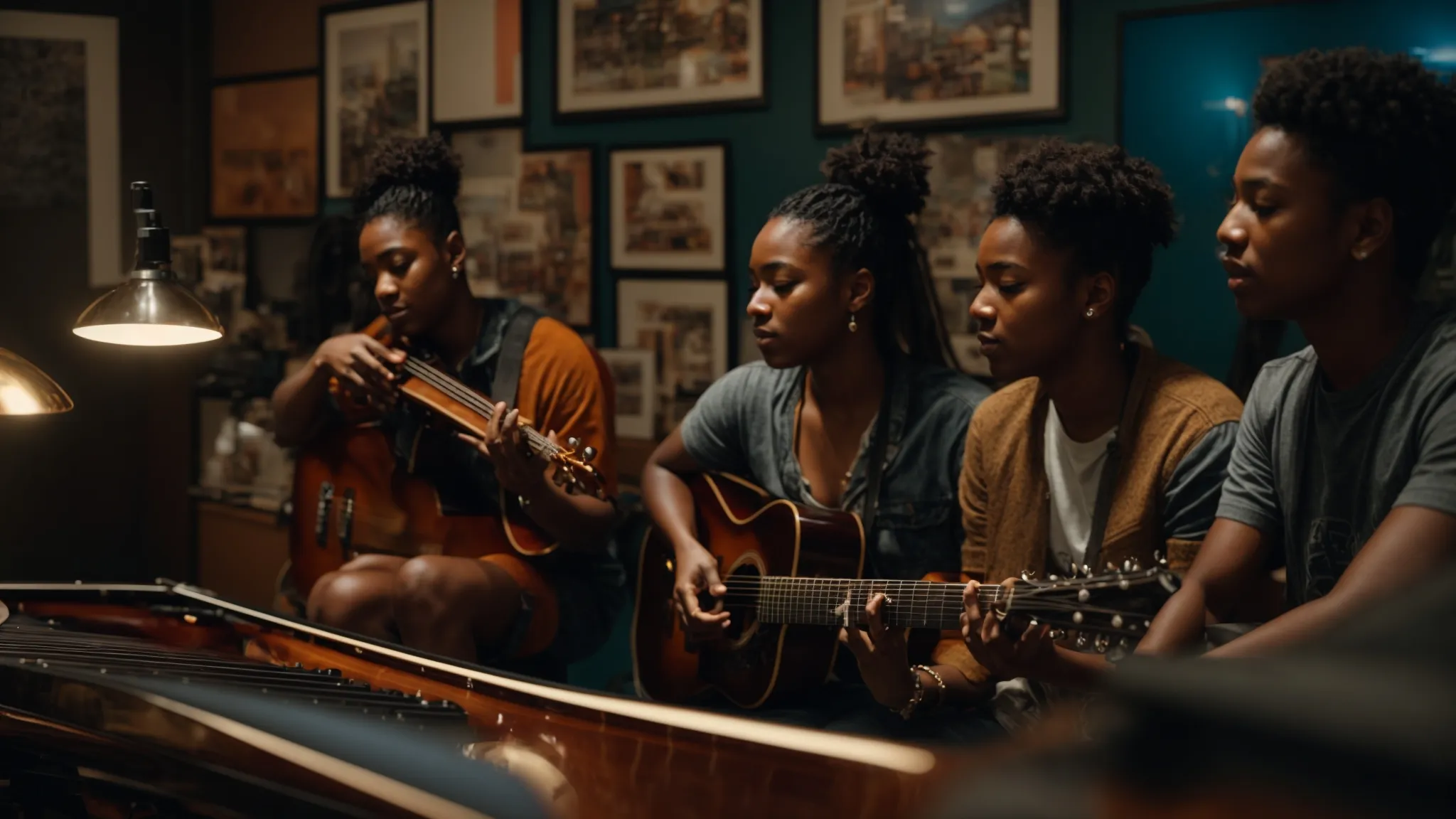 a vibrant scene captures a diverse group of aspiring musicians engaged in a dynamic mentorship session, surrounded by musical instruments and inspirational posters, as they exchange ideas and celebrate each other's progress in a warm, collaborative environment.