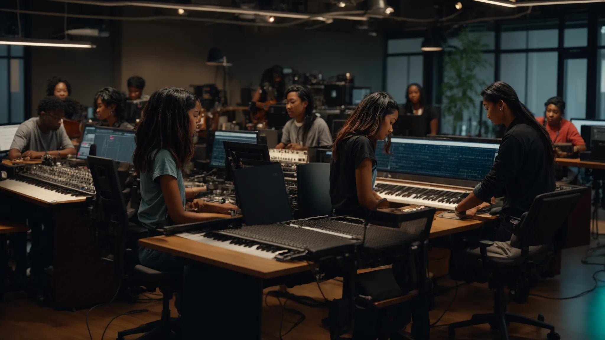 a vibrant scene depicting a diverse group of musicians in a modern, collaborative workspace, surrounded by technology and instruments, symbolizing inclusive mentorship and the empowerment of underserved artists in their creative journeys.