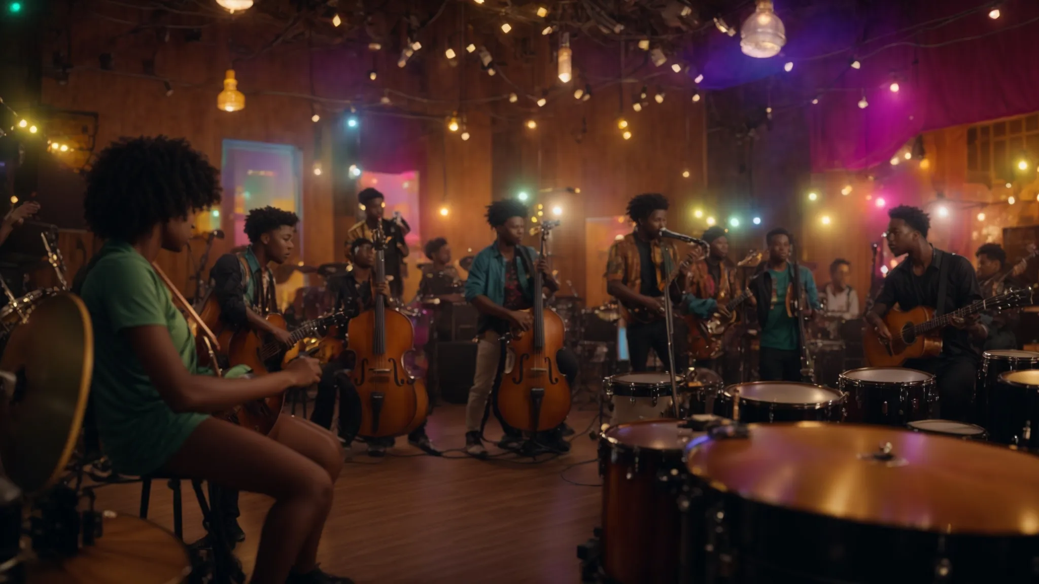 a vibrant scene of a diverse group of musicians collaborating in a colorful community space, surrounded by instruments and musical notes, highlighting their supportive network and creative energy.