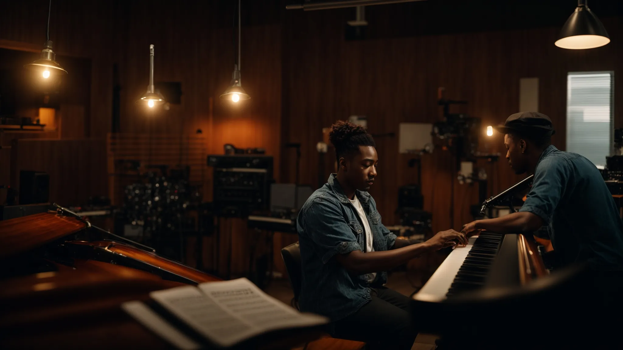 a vibrant scene of an engaged music mentorship session, featuring diverse artists exchanging ideas and inspiration amidst an intimate studio setting illuminated by warm, natural light.