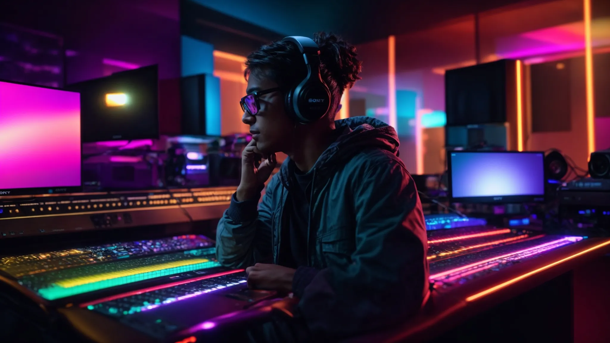 a vibrant scene of an independent artist passionately engaging with digital music technology, surrounded by colorful audio equipment and a glowing computer screen, showcasing the dynamic intersection of creativity and innovation in the modern music landscape.