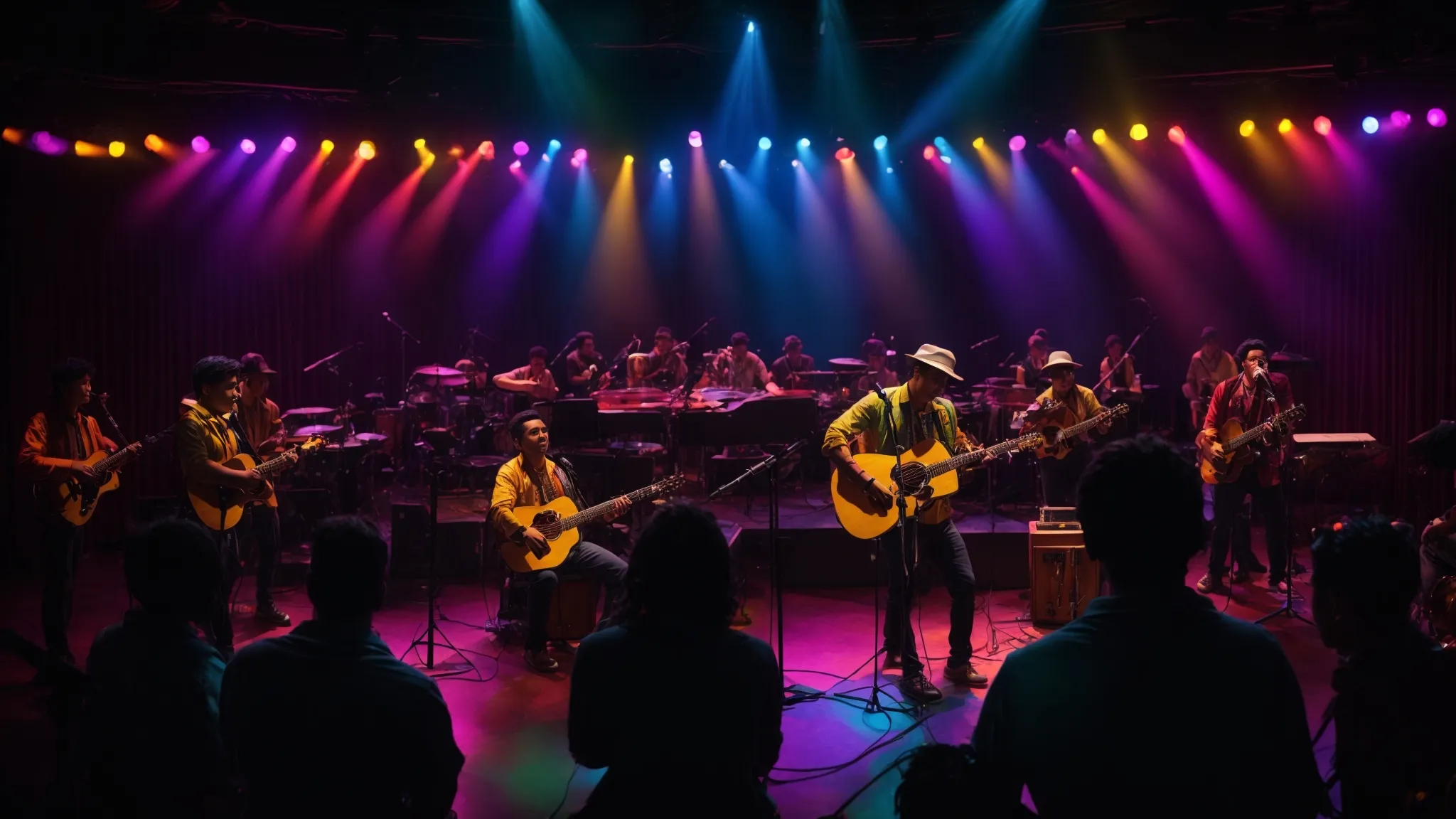 a vibrant stage illuminated by colorful lights showcases a diverse group of passionate musicians united in performance, symbolizing the transformative power of funding and community support in overcoming challenges faced by underserved artists.
