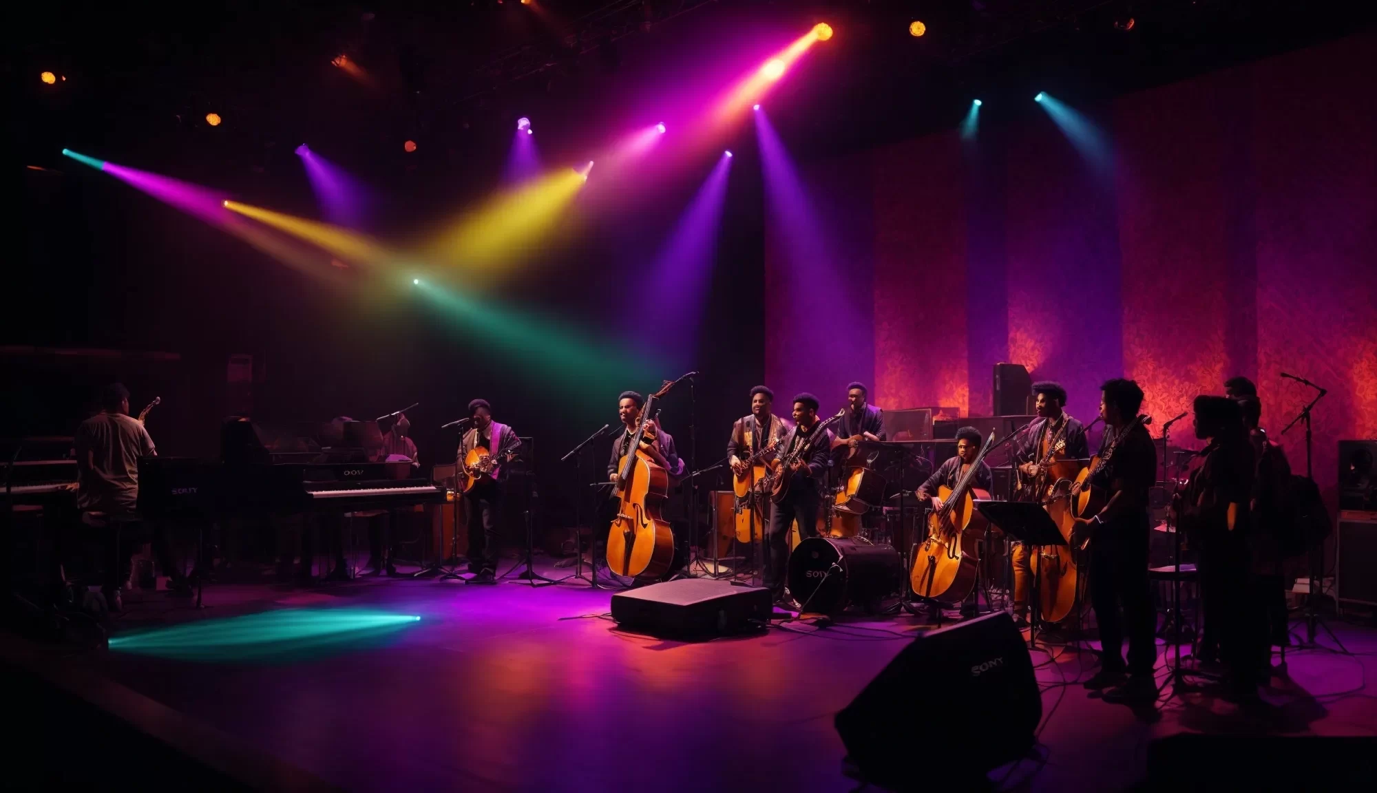 a vibrant stage illuminated by colorful lights showcases an inspiring group of diverse musicians passionately performing, symbolizing the empowerment of underserved talent breaking through barriers in the music industry.