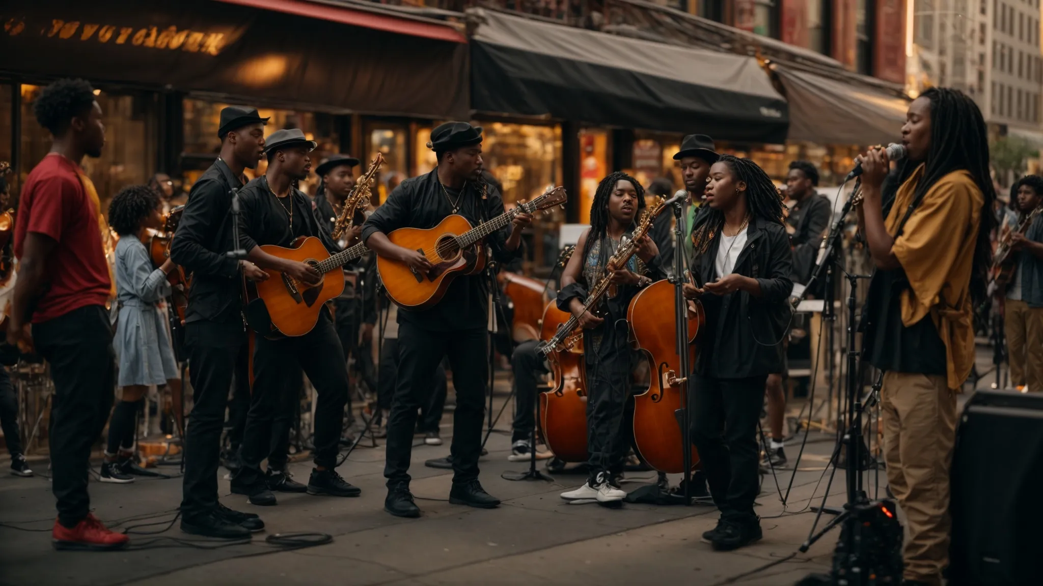 a vibrant street performance in a bustling new york city neighborhood, showcasing a diverse group of musicians passionately sharing their talent despite the surrounding challenges, illuminated by golden hour light filtering through tall buildings.