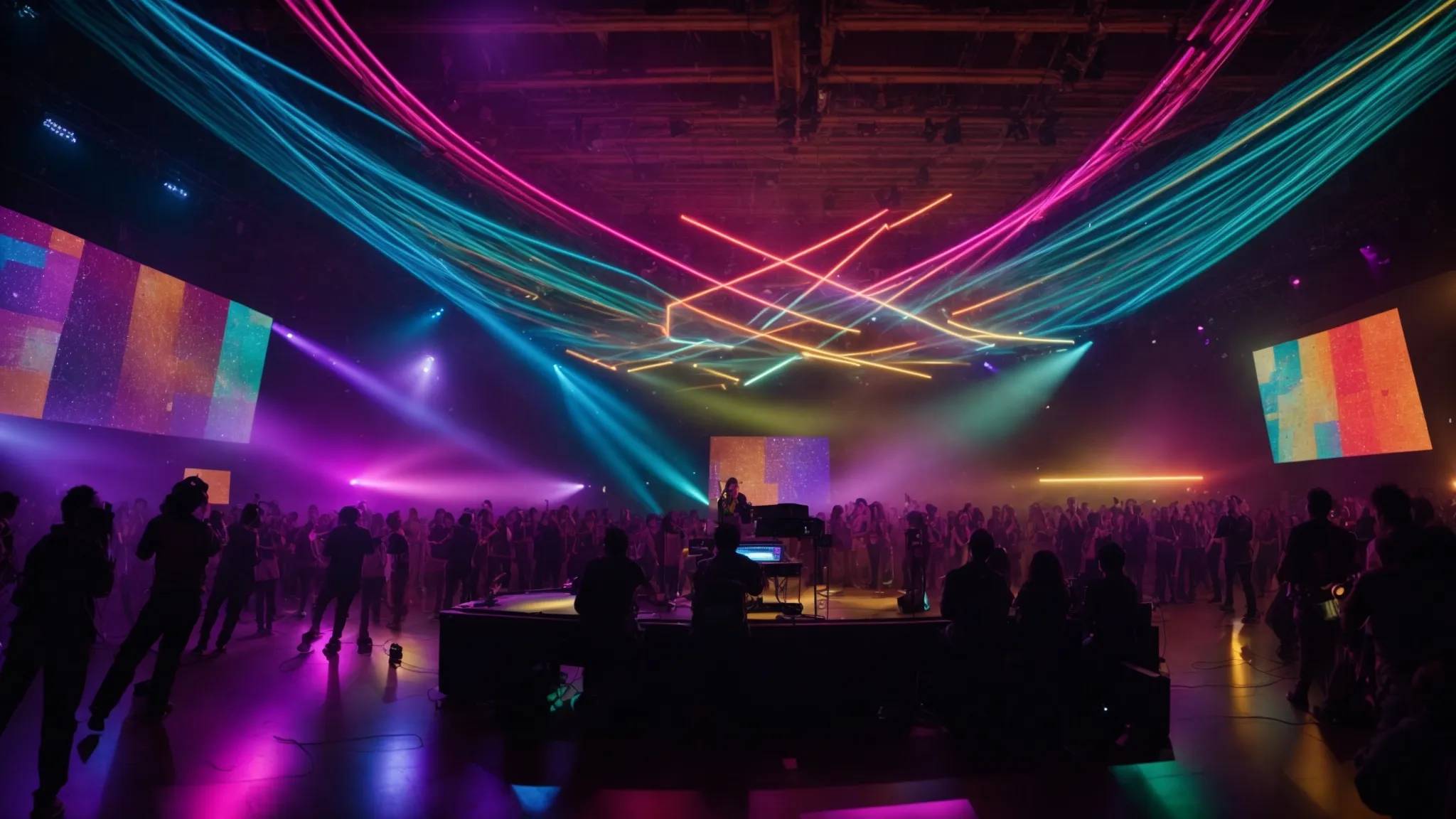 a vibrant virtual concert scene showcasing diverse independent artists passionately performing in an electrifying digital space, illuminated by colorful lights and connected through interactive screens, symbolizing the unity and collaboration fostered by technology.