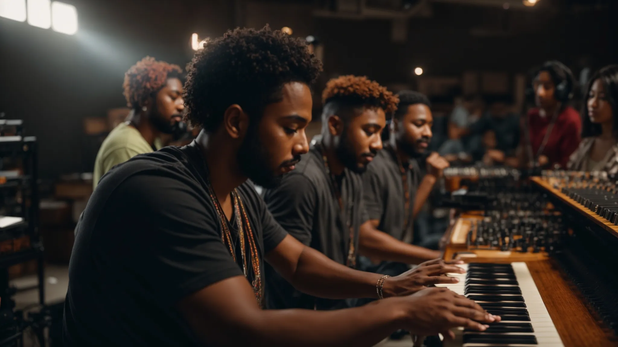 a vibrant workshop scene captures a group of enthusiastic musicians engaging in hands-on music production, surrounded by dynamic materials and instruments, illuminated by warm, inspiring lighting that fosters creativity and growth.