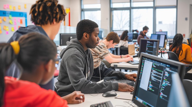 Young people collaborating on coding projects in a Creative Technology Pathways workshop