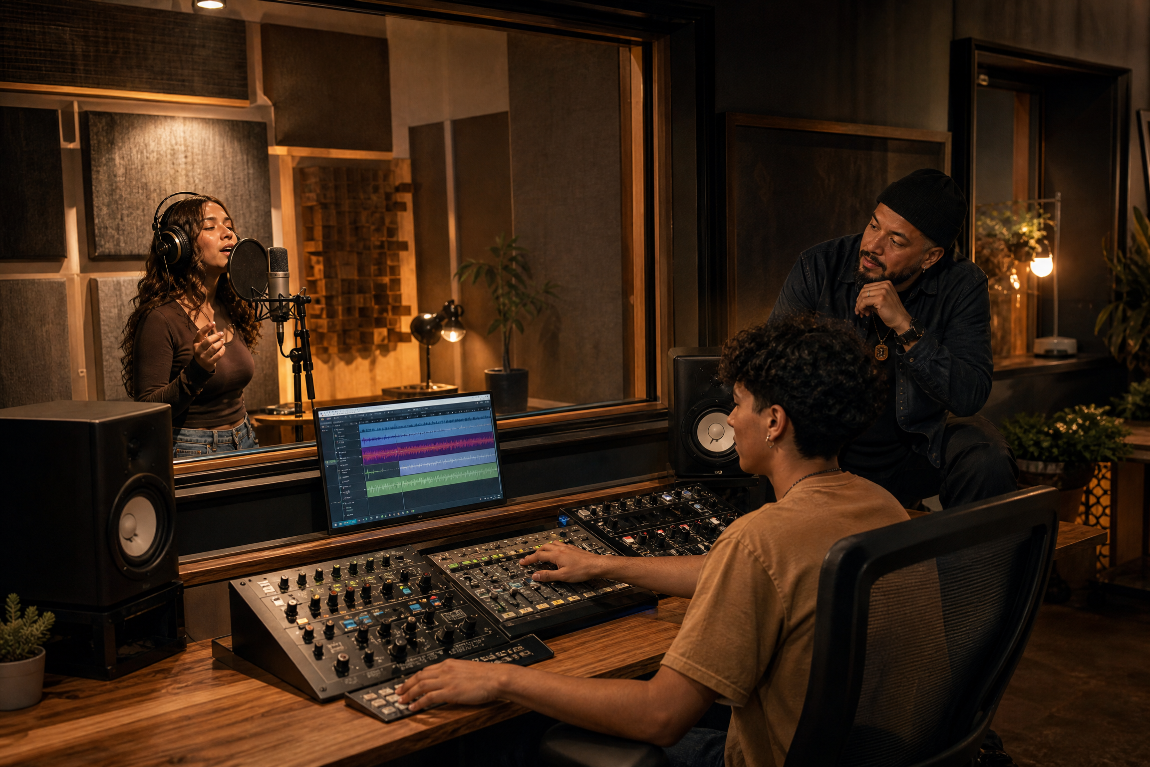Youth recording and producing music with a mentor at WE CREATE