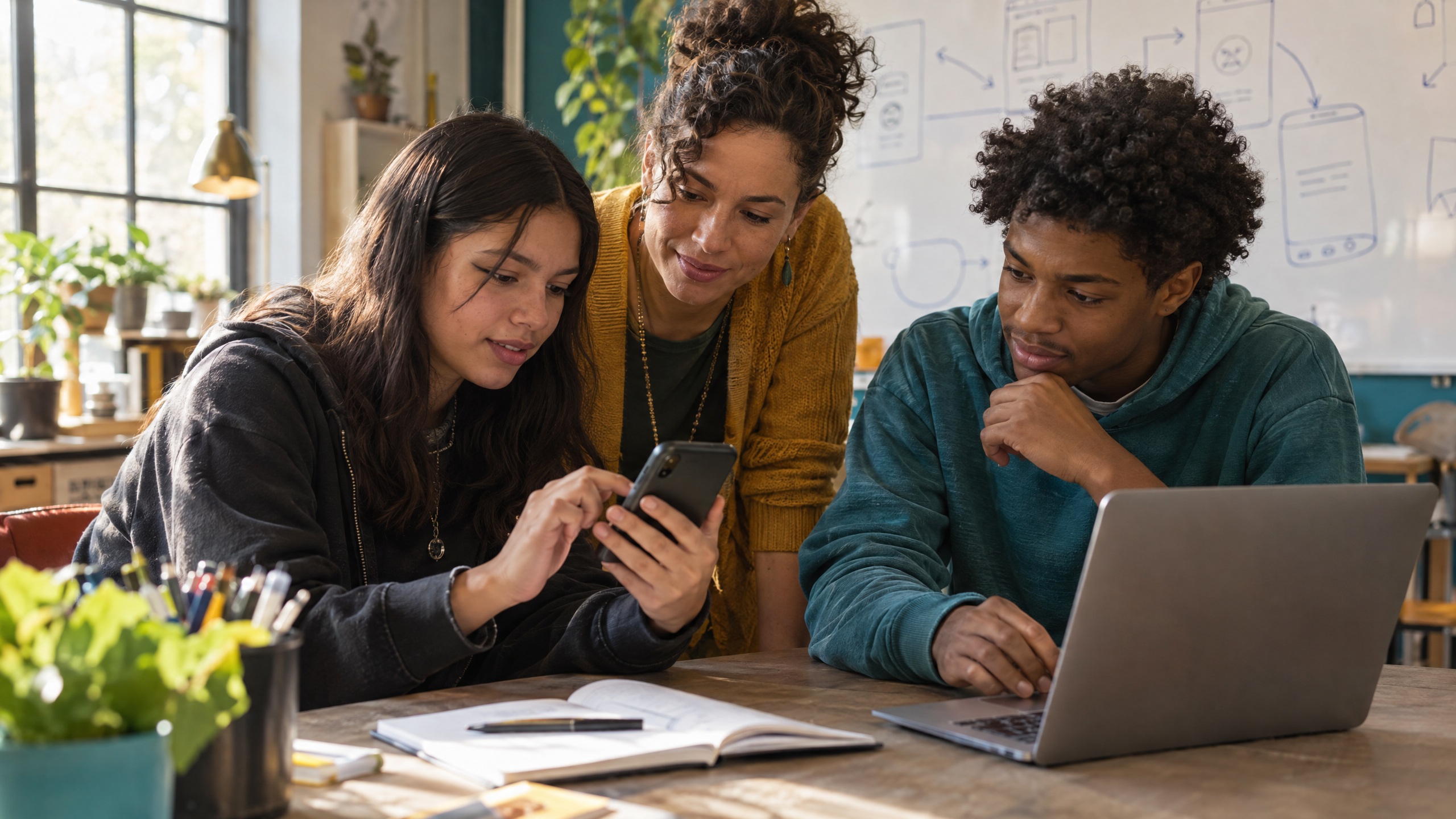 Young people building a mobile app with an adult mentor