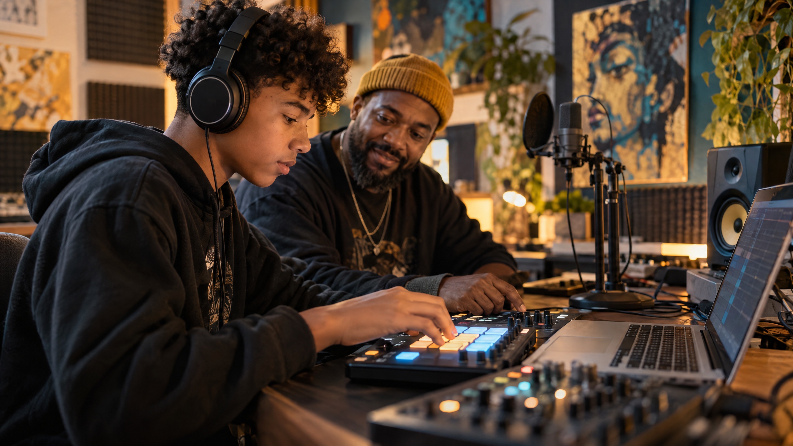 A young person learning music production with a mentor